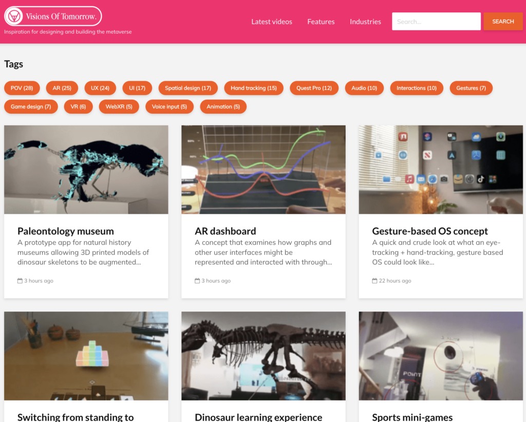 Screenshot of Visions of Tomorrow homepage, featuring video examples of AR/VR/metaverse projects
